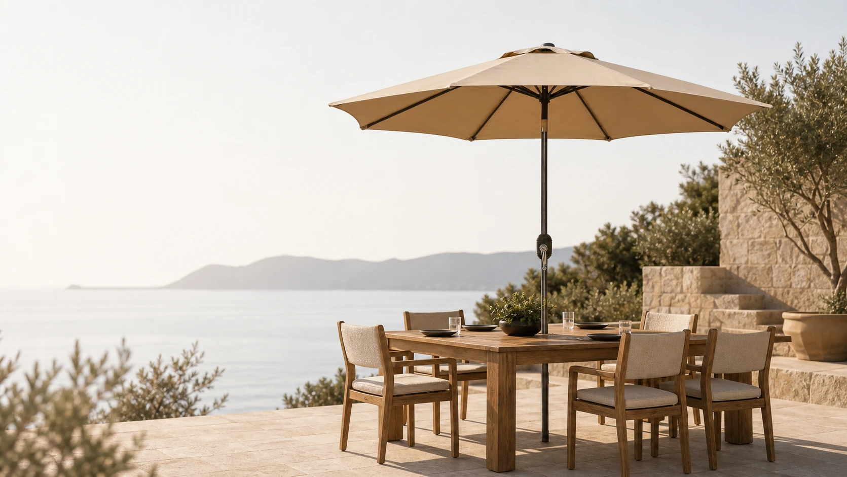 Tan Blissun 9-foot patio umbrella with eight ribs