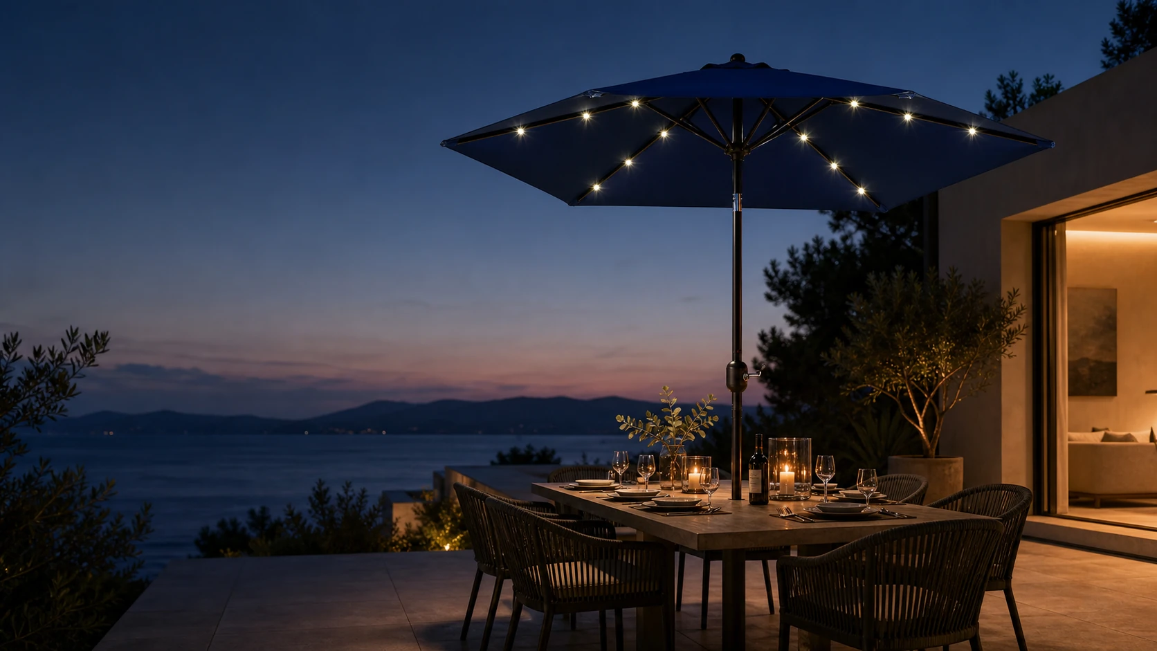Navy Blissun 7.5-foot solar patio umbrella with 18 LED lights