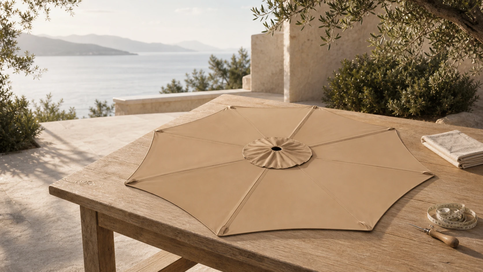 Tan Blissun replacement canopy for a compatible 9-foot, eight-rib patio umbrella frame