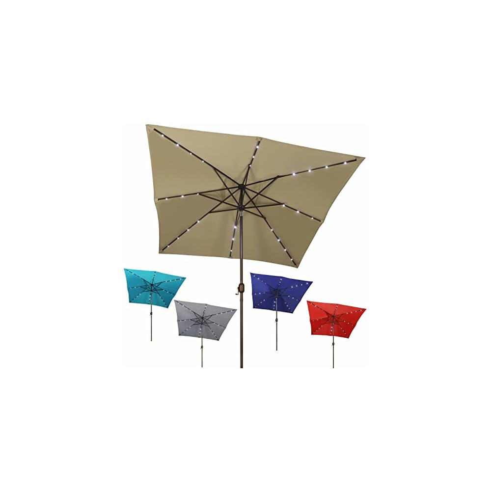 Blissun Square Patio Umbrella with 28 LED Lights, Solar Umbrella Table Market Umbrella with Tilt and Crank Outdoor Umbrella for Garden, Deck, Backyard, Pool and Beach, Tan