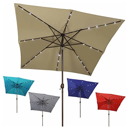 Blissun Square Patio Umbrella with 28 LED Lights, Solar Umbrella Table Market Umbrella with Tilt and Crank Outdoor Umbrella for Garden, Deck, Backyard, Pool and Beach, Tan