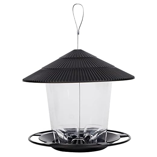 FORUP Panorama Bird Feeder, Hanging Wild Bird Feeder with Round Shaped Roof, Gazebo Bird Feeder for Outside Garden Yard Decoration, Black