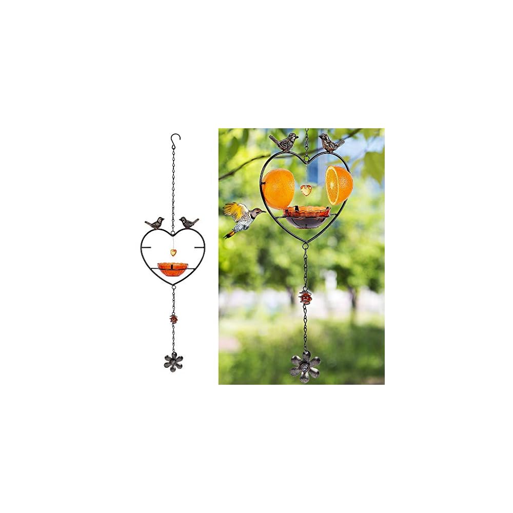 FORUP Oriole Bird Feeder for Outdoors Jelly and Oranges, Orange Fruit Oriole Jelly Bird Feeder, Outdoor Garden Metal Hanging Drinking Grape Jelly Container Hummingbird Feeder, Heart Shape