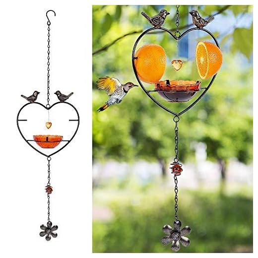 FORUP Oriole Bird Feeder for Outdoors Jelly and Oranges, Orange Fruit Oriole Jelly Bird Feeder, Outdoor Garden Metal Hanging Drinking Grape Jelly Container Hummingbird Feeder, Heart Shape