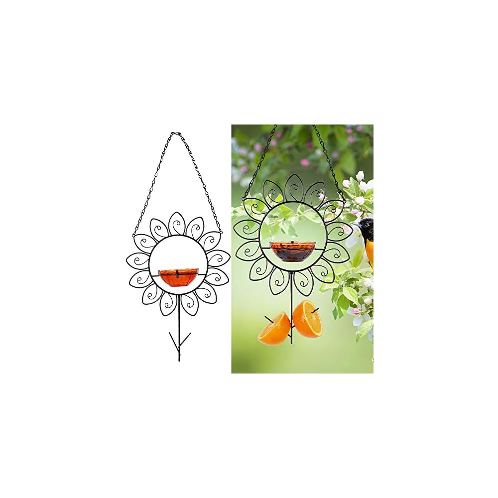 FORUP Oriole Bird Feeder for Outdoors Jelly and Oranges, Orange Fruit Oriole Jelly Bird Feeder, Outdoor Garden Metal Hanging Drinking Grape Jelly Container Hummingbird Feeder, Flower Shape