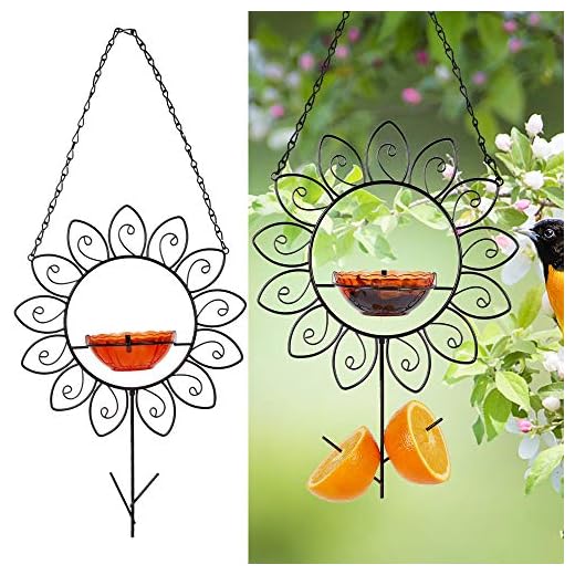 FORUP Oriole Bird Feeder for Outdoors Jelly and Oranges, Orange Fruit Oriole Jelly Bird Feeder, Outdoor Garden Metal Hanging Drinking Grape Jelly Container Hummingbird Feeder, Flower Shape