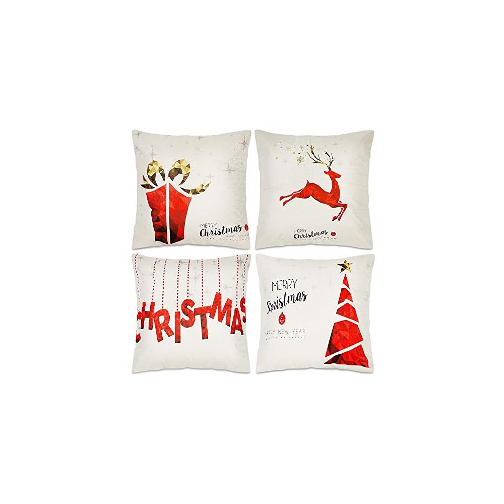 Blissun Christmas Pillow Covers 18 x 18 Inches, Set of 4 Cotton Linen Throw Pillow Covers Square Cushion Case for Christmas Sofa Couch Home Decorations, Red