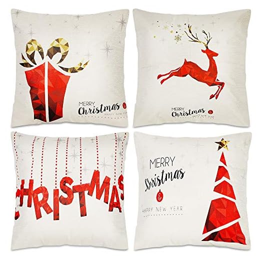 Blissun Christmas Pillow Covers 18 x 18 Inches, Set of 4 Cotton Linen Throw Pillow Covers Square Cushion Case for Christmas Sofa Couch Home Decorations, Red