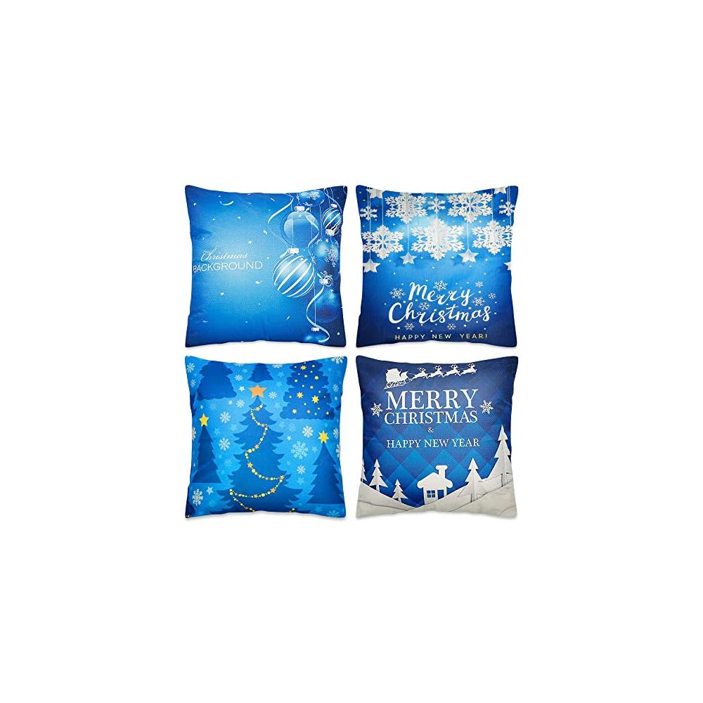 Blissun Christmas Pillow Covers 18 x 18 Inches, Set of 4 Cotton Linen Throw Pillow Covers Square Cushion Case for Christmas Sofa Couch Home Decorations, Blue