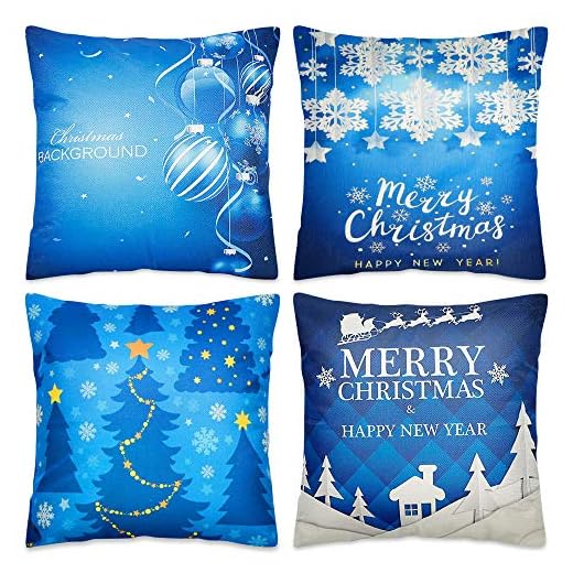 Blissun Christmas Pillow Covers 18 x 18 Inches, Set of 4 Cotton Linen Throw Pillow Covers Square Cushion Case for Christmas Sofa Couch Home Decorations, Blue