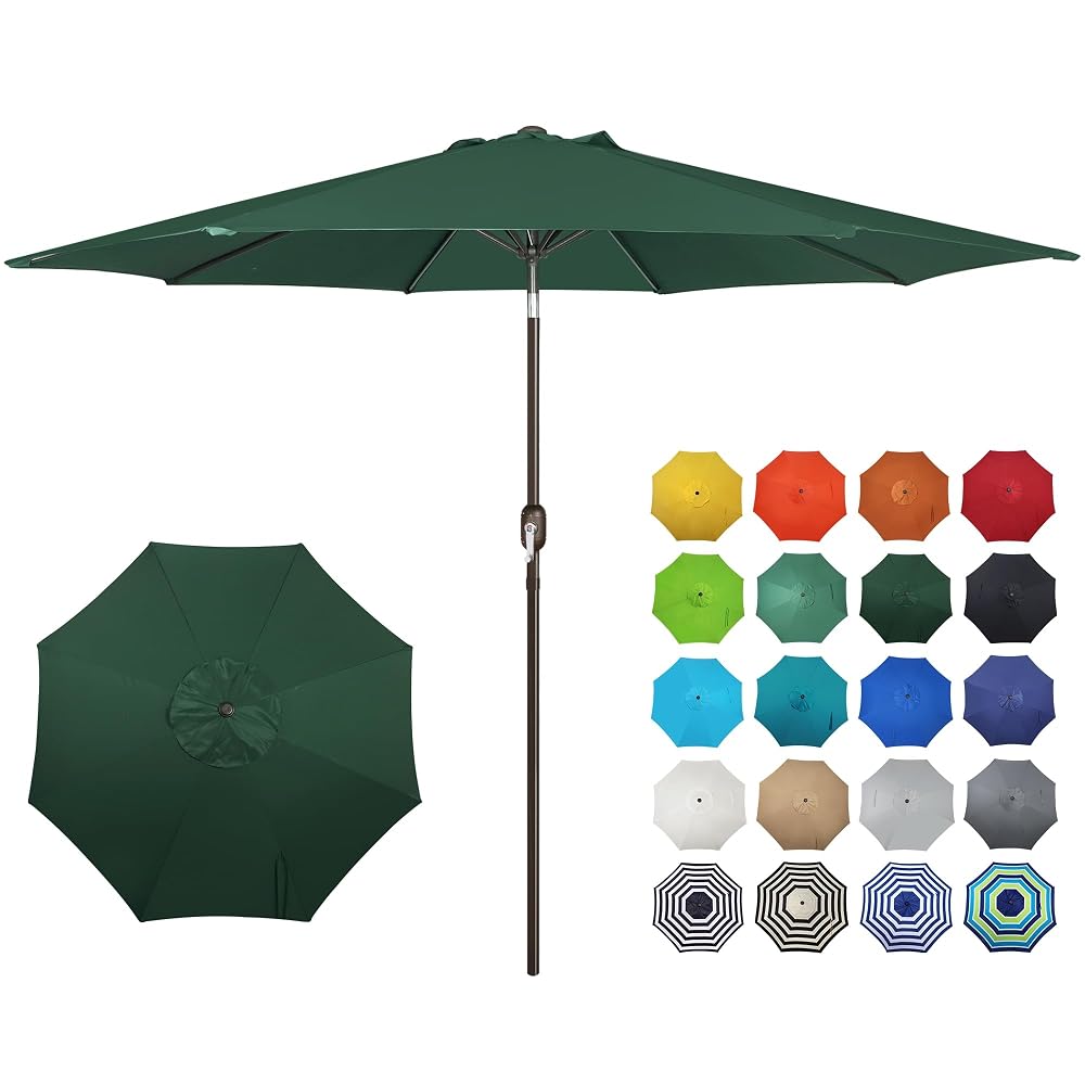 Blissun 10FT Patio Umbrella, Outdoor Table Umbrella, Yard Umbrella, Market Umbrella with 8 Sturdy Ribs, Push Button Tilt and Crank, Dark Green