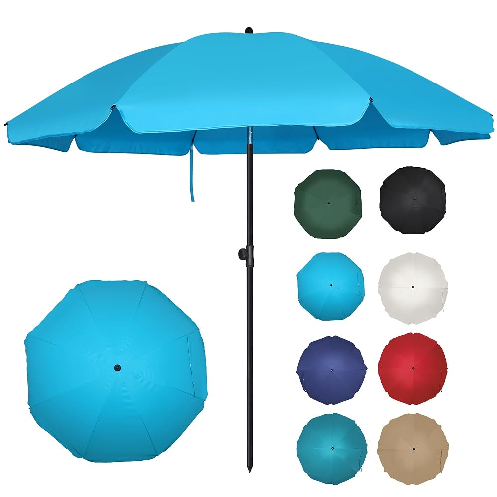 Blissun 6.5ft Patio Umbrella with Push Button Tilt & Height Adjustable, UV50+ Sun Protection with Sturdy Fiberglass Ribs & Iron Pole, Market Umbrella for Outdoor Table Garden Backyard Beach, Light Blue