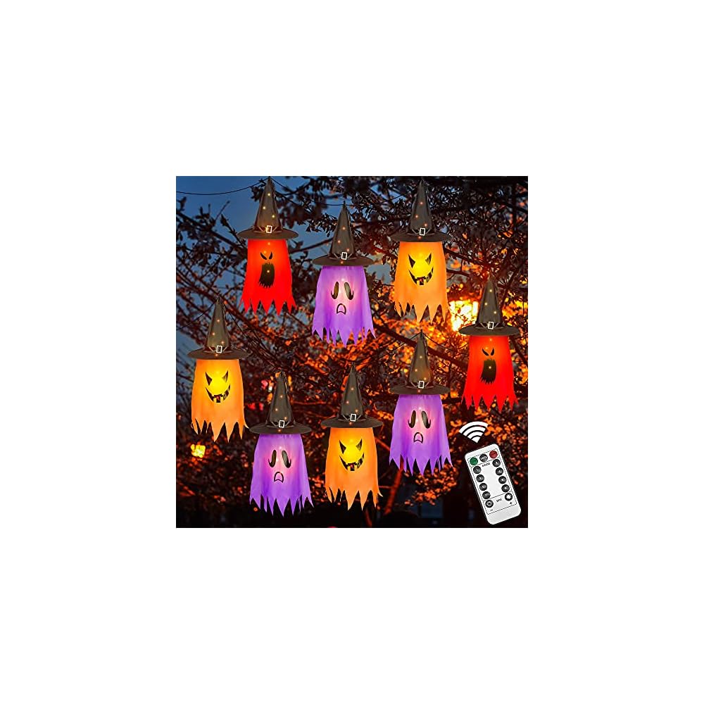Brwoynn Halloween Decorations Witch Hat, 8 Pcs Hanging Lighted Glowing Witch Hat Decorations, Halloween Lights String, Halloween Party Indoor Outdoor Yard Tree Decorations