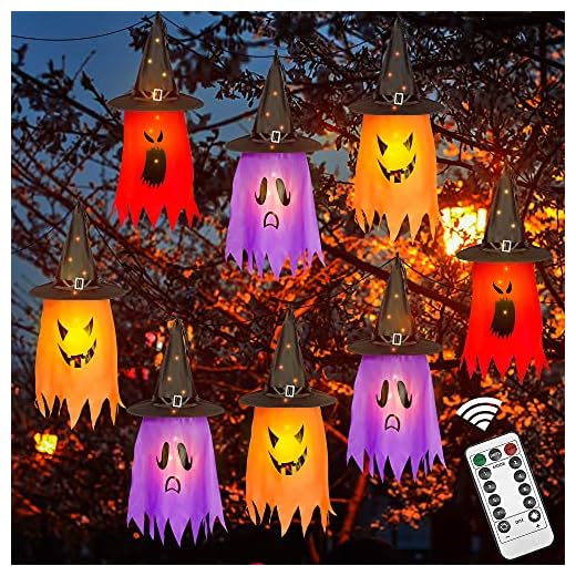 Brwoynn Halloween Decorations Witch Hat, 8 Pcs Hanging Lighted Glowing Witch Hat Decorations, Halloween Lights String, Halloween Party Indoor Outdoor Yard Tree Decorations