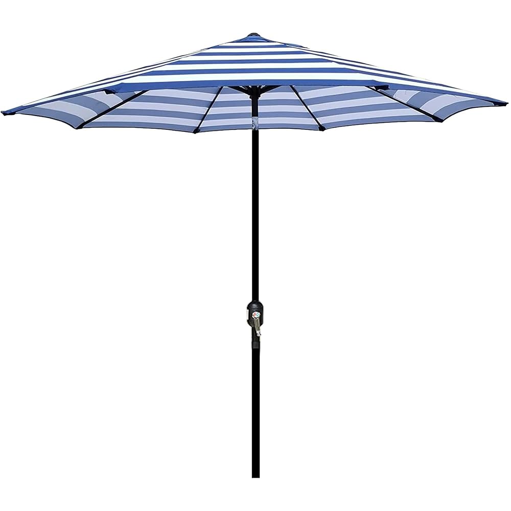 Blissun 9' Outdoor Patio Umbrella, Striped Patio Umbrella, Outdoor Table Umbrella, Market Umbrella with 8 Sturdy Ribs, Push Button Tilt and Crank (Blue & White Stripe)