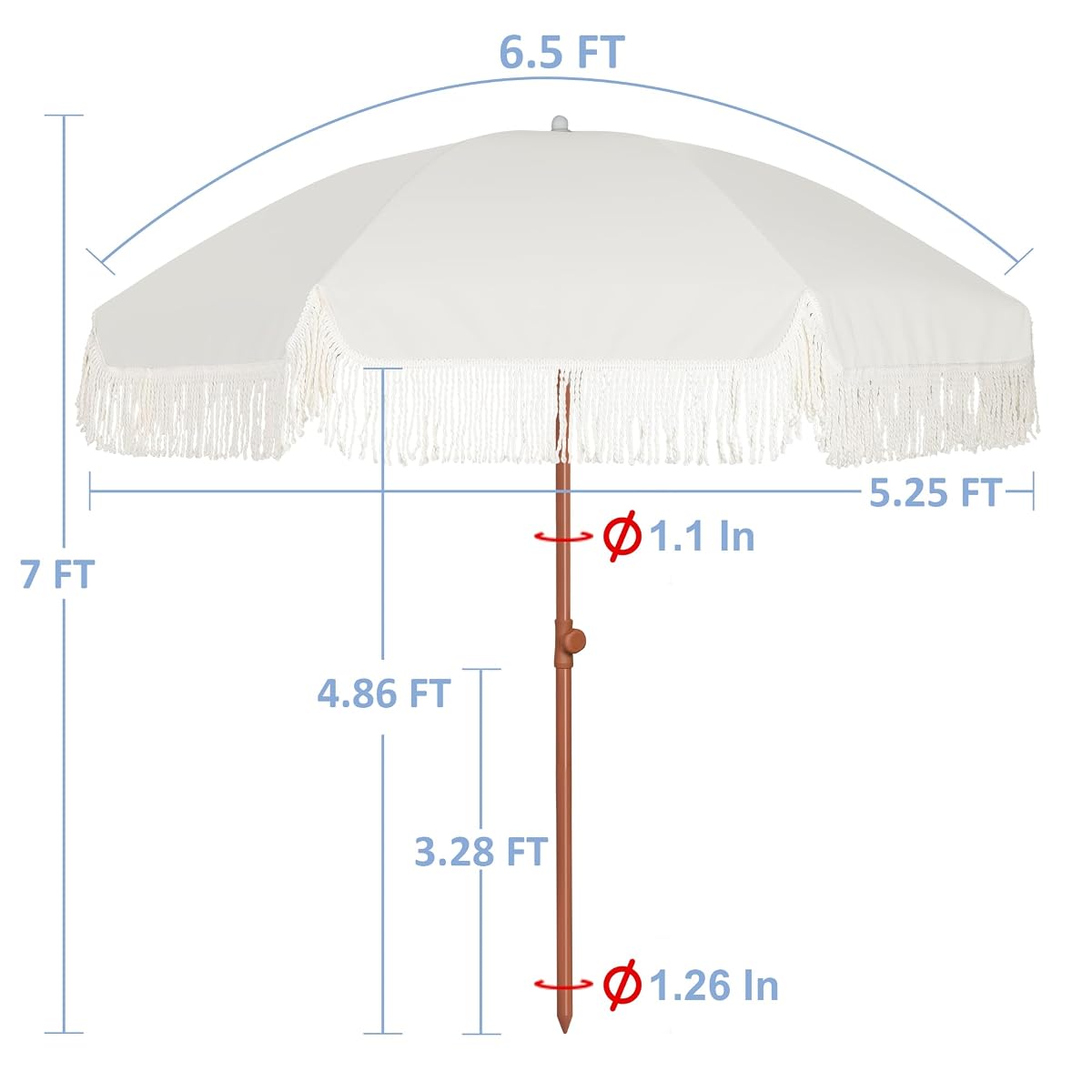 Blissun 6.5FT Outdoor Patio Umbrella with Fringe, UPF 50+ Sun Protection, Push Button Tilt & Height Adjustable, Sturdy Fiberglass Ribs & Brown Powder Coated Iron Pole, Includes Carry Bag, for Garden Backyard Beach Picnic, Light Beige - detail image 5