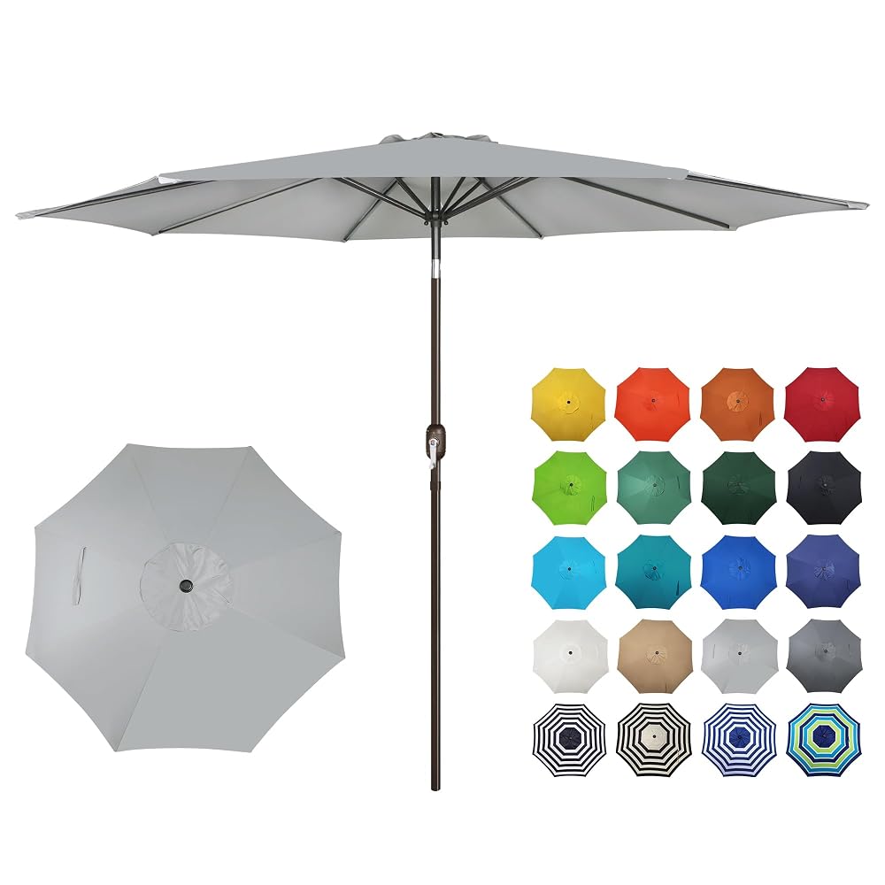 Blissun 10FT Patio Umbrella, Outdoor Table Umbrella, Yard Umbrella, Market Umbrella with 8 Sturdy Ribs, Push Button Tilt and Crank, Grey