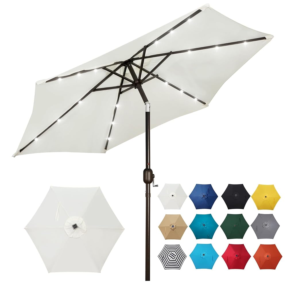 Blissun 7.5 ft Solar Umbrella 18 LED Lighted Patio Umbrella Table Market Umbrella with Tilt and Crank Outdoor Umbrella for Garden, Deck, Backyard, Pool and Beach (Creamy White)