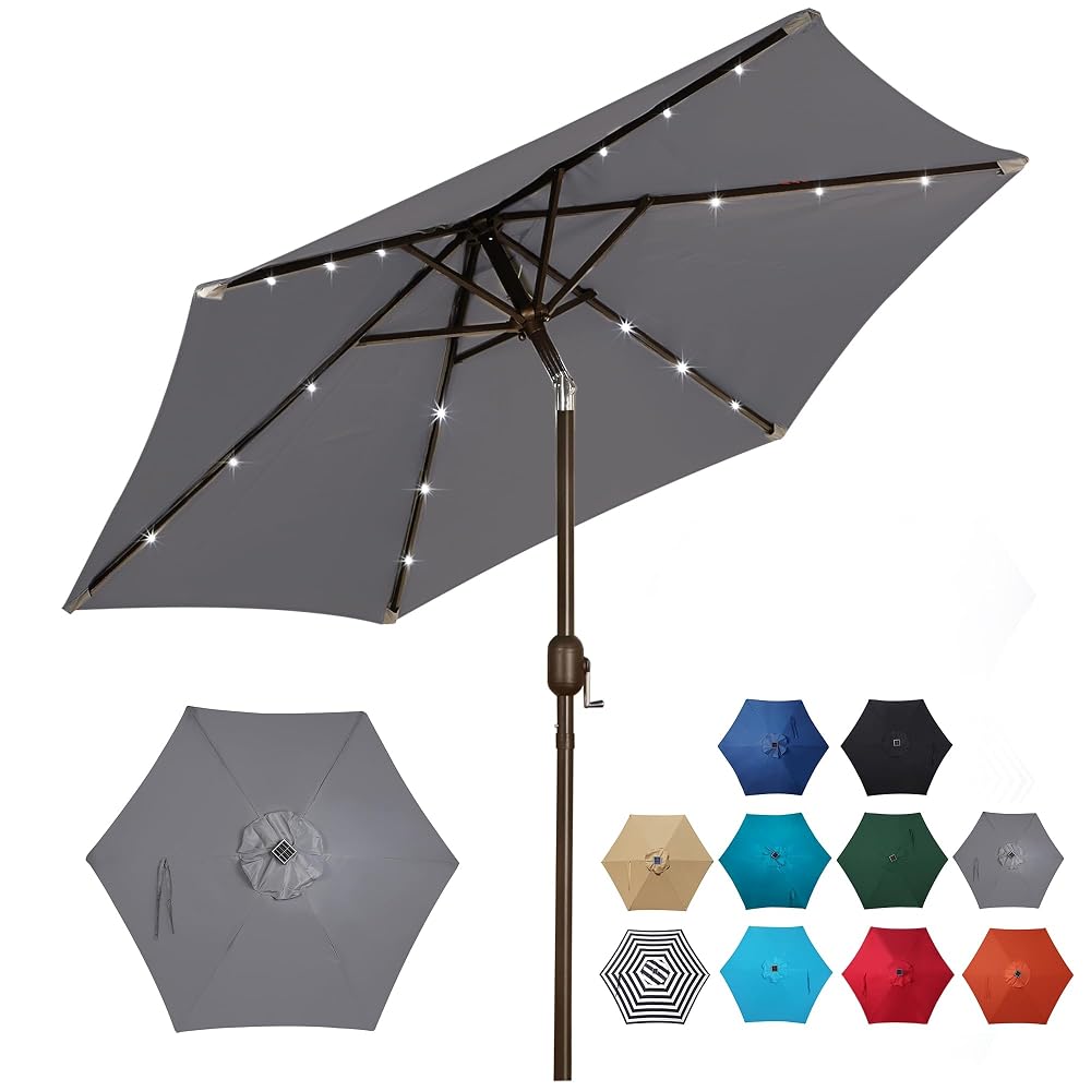 Blissun 7.5 ft Solar Umbrella 18 LED Lighted Patio Umbrella Table Market Umbrella, Dark Grey