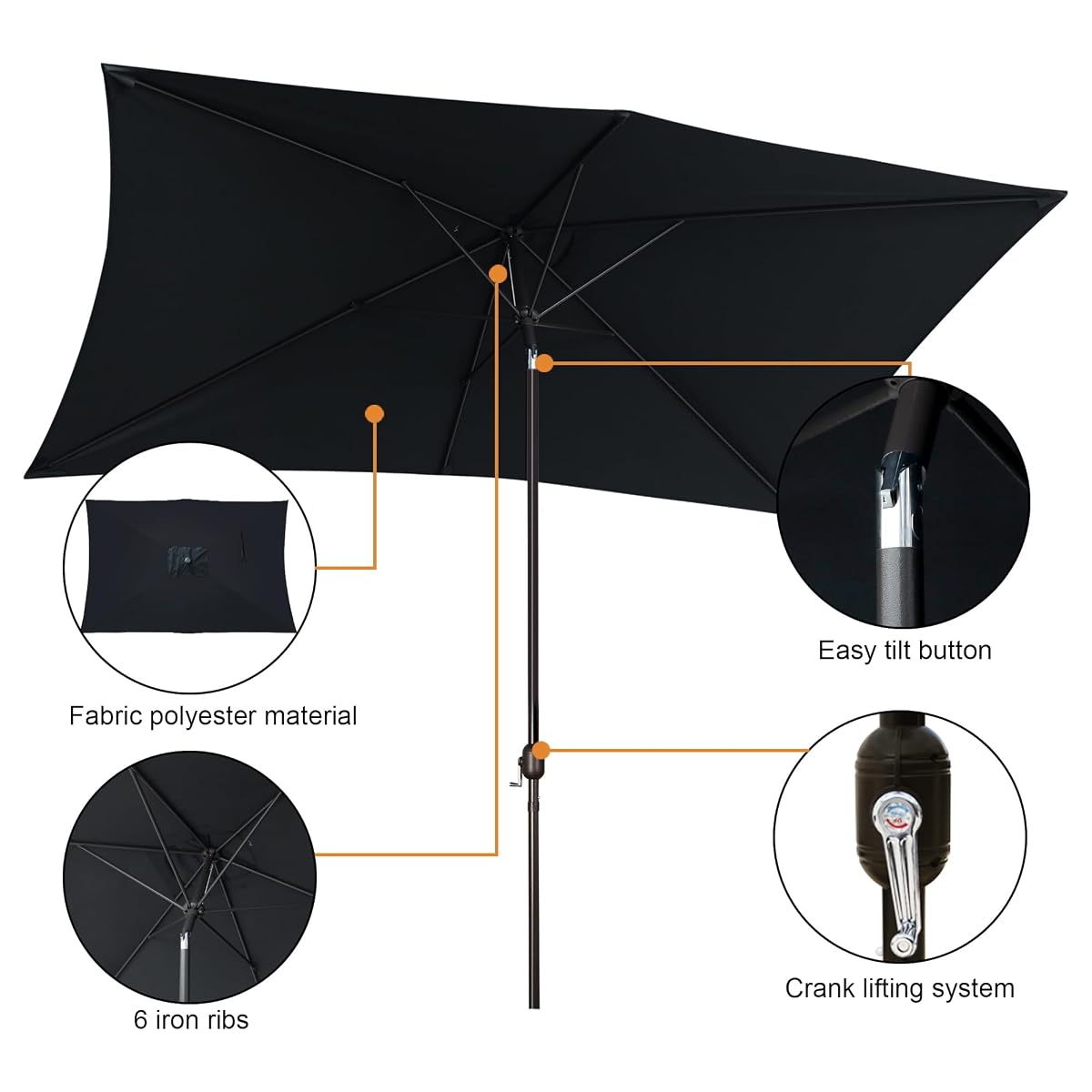 Blissun Square Patio Umbrella with 28 LED Lights, Solar Umbrella Table Market Umbrella with Tilt and Crank Outdoor Umbrella for Garden, Deck, Backyard, Pool and Beach, Dark Grey - detail image 1