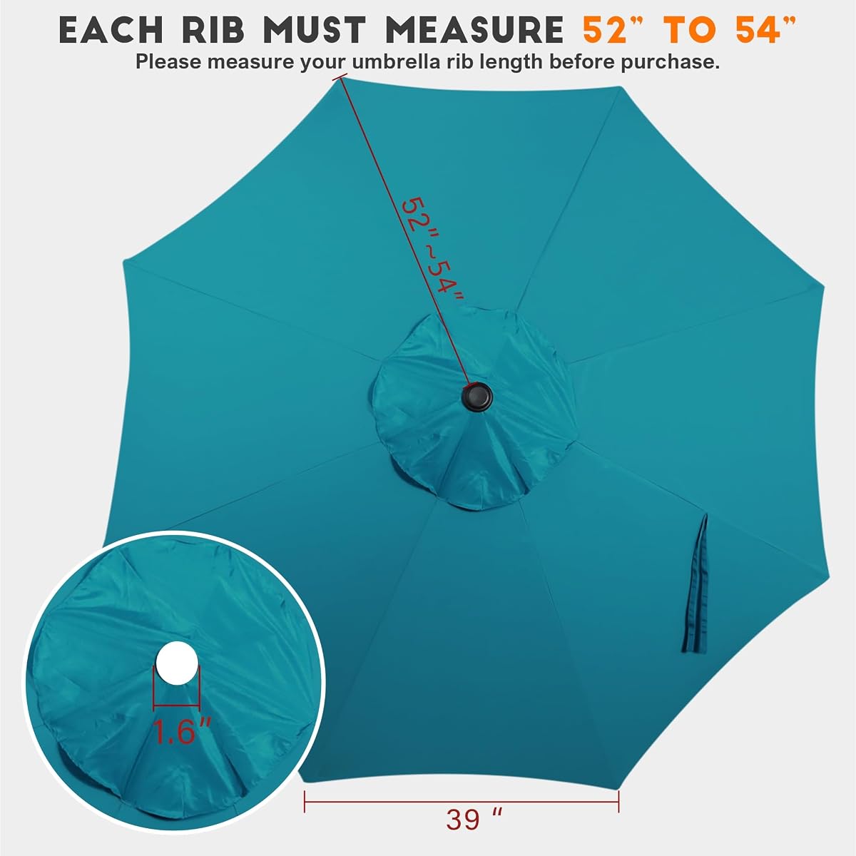 Blissun 9ft Patio Umbrella Replacement Canopy, Market Umbrella Top, Outdoor Table Umbrella Canopy for 8 Ribs, Canopy Only (Cerulean) - detail image 1