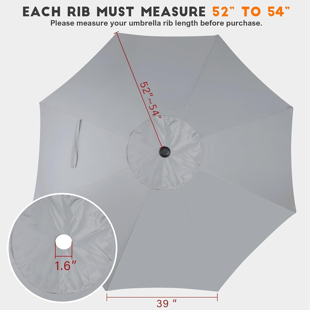 Blissun 9ft Patio Umbrella Replacement Canopy, Market Umbrella Top, Outdoor Table Umbrella Canopy for 8 Ribs, Canopy Only (Grey) - detail image 1