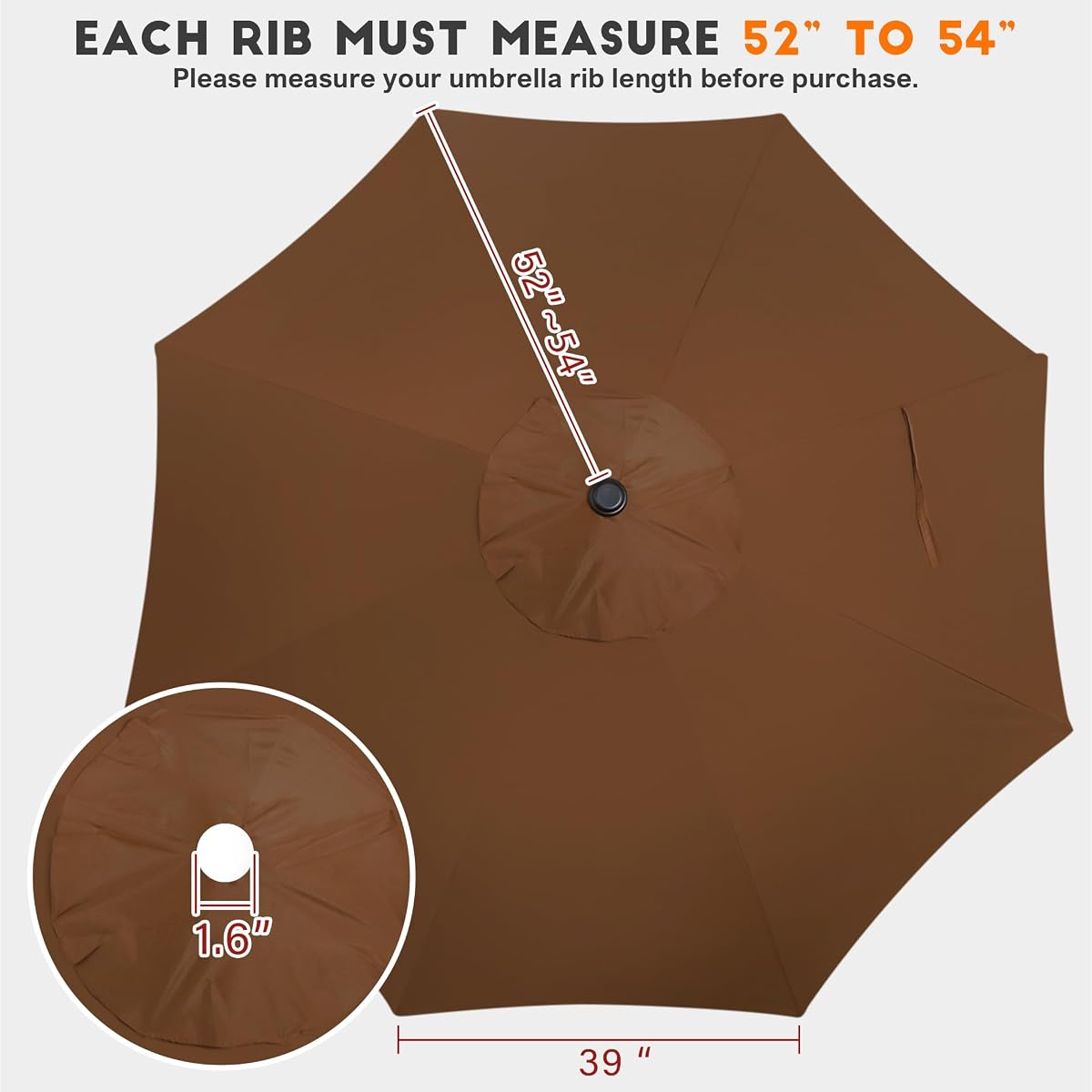 Blissun 9ft Patio Umbrella - Replacement Canopy, Market Umbrella Top, Outdoor Table Umbrella for 8 Ribs (Brown) - detail image 1
