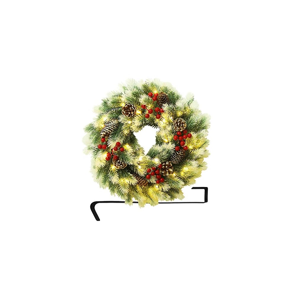 ATDAWN 16 Inch Christmas Wreath, Outdoor Lighted Christmas Wreath for Front Door, Xmas Wreath for Winter Holiday Christmas Party Decorations