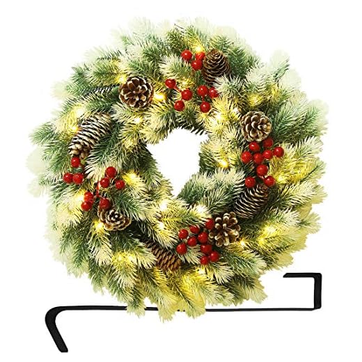ATDAWN 16 Inch Christmas Wreath, Outdoor Lighted Christmas Wreath for Front Door, Xmas Wreath for Winter Holiday Christmas Party Decorations
