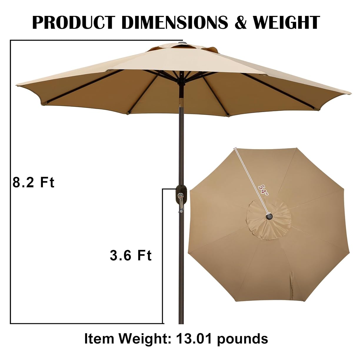 Blissun 9' Outdoor Patio Umbrella, Outdoor Table Umbrella, Yard Umbrella, Market Umbrella with 8 Sturdy Ribs, Push Button Tilt and Crank (Tan) - detail image 2