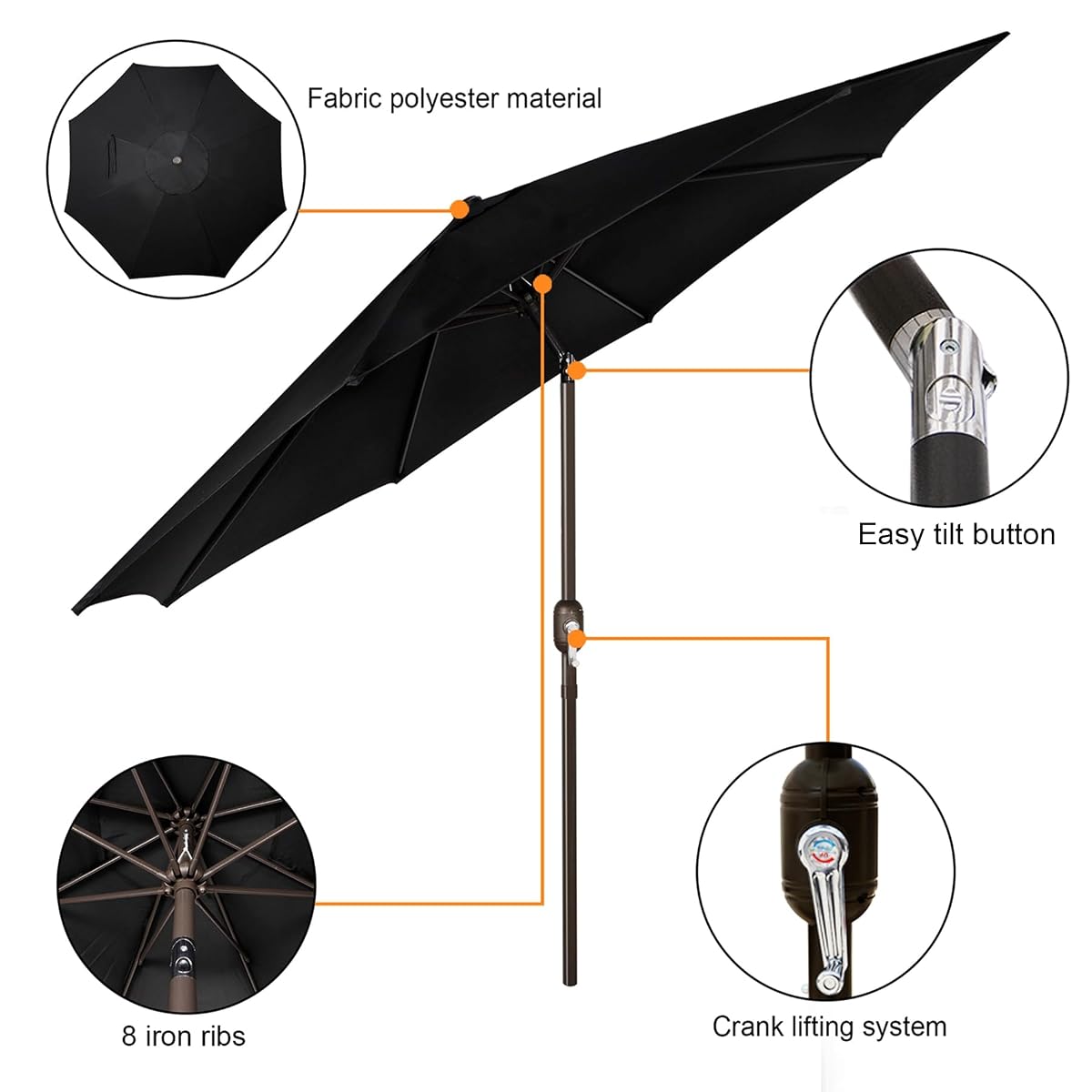 Blissun 9FT Patio Umbrella, Outdoor Table Umbrella, Yard Umbrella, Market Umbrella with 8 Sturdy Ribs, Push Button Tilt and Crank, Grayish White - detail image 1