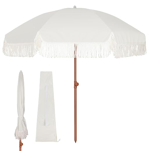 Blissun 6.5FT Outdoor Patio Umbrella with Fringe, UPF 50+ Sun Protection, Push Button Tilt & Height Adjustable, Sturdy Fiberglass Ribs & Brown Powder Coated Iron Pole, Includes Carry Bag, for Garden Backyard Beach Picnic, Light Beige