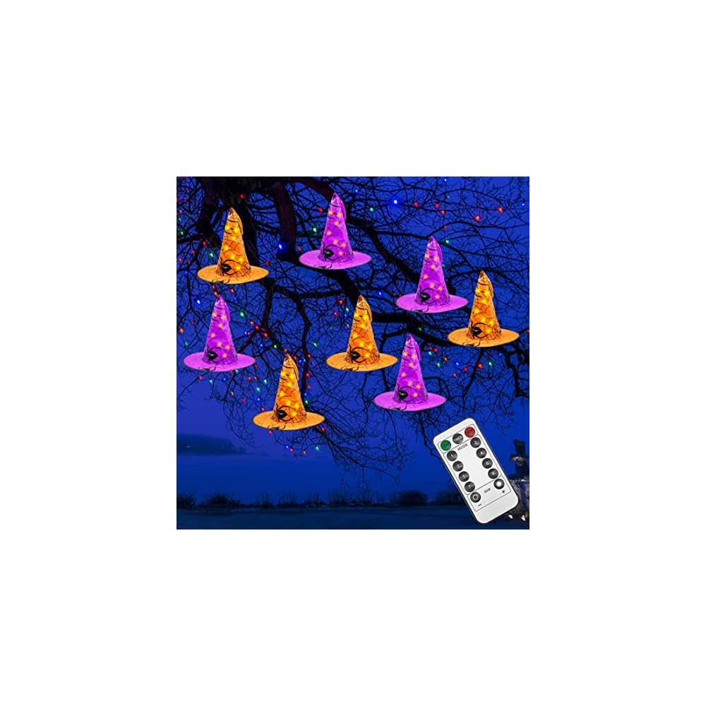 Brwoynn Halloween Decorations Witch Hat, 8 Pcs Hanging Lighted Glowing Witch Hat Decorations, Halloween Lights String with 8 Lighting Modes, Halloween Party Indoor Outdoor Yard Tree Decorations