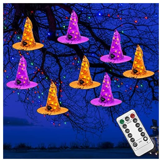 Brwoynn Halloween Decorations Witch Hat, 8 Pcs Hanging Lighted Glowing Witch Hat Decorations, Halloween Lights String with 8 Lighting Modes, Halloween Party Indoor Outdoor Yard Tree Decorations