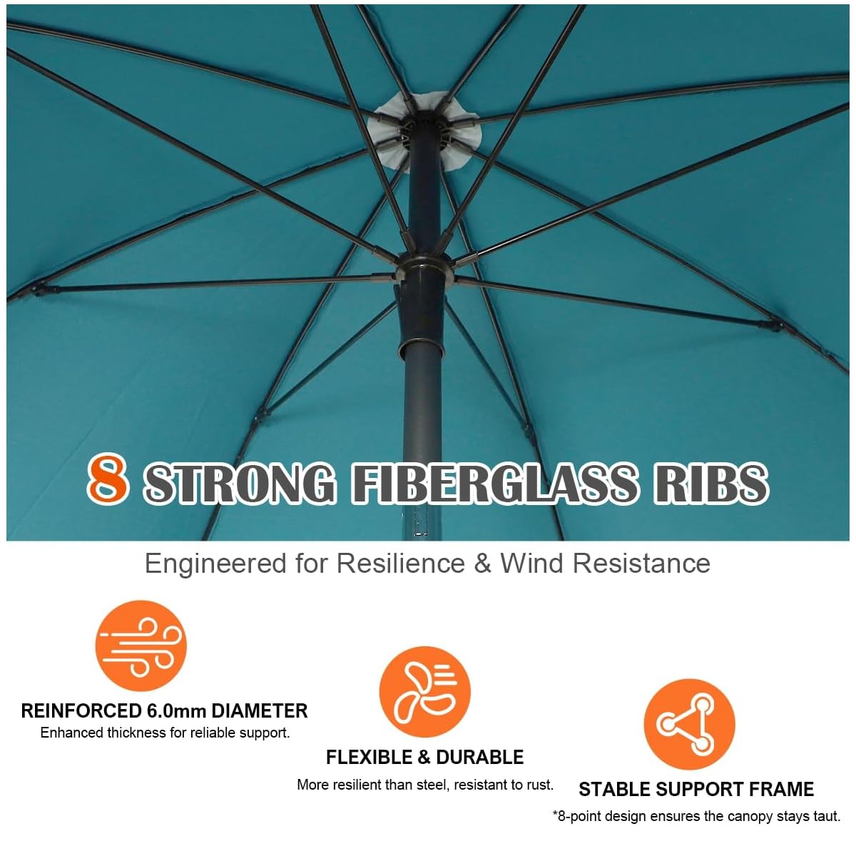 Blissun 6.5ft Patio Umbrella with Push Button Tilt & Height Adjustable, UV50+ Sun Protection with Sturdy Fiberglass Ribs & Iron Pole, Market Umbrella for Outdoor Table Garden Backyard Beach, Cerulean - detail image 3
