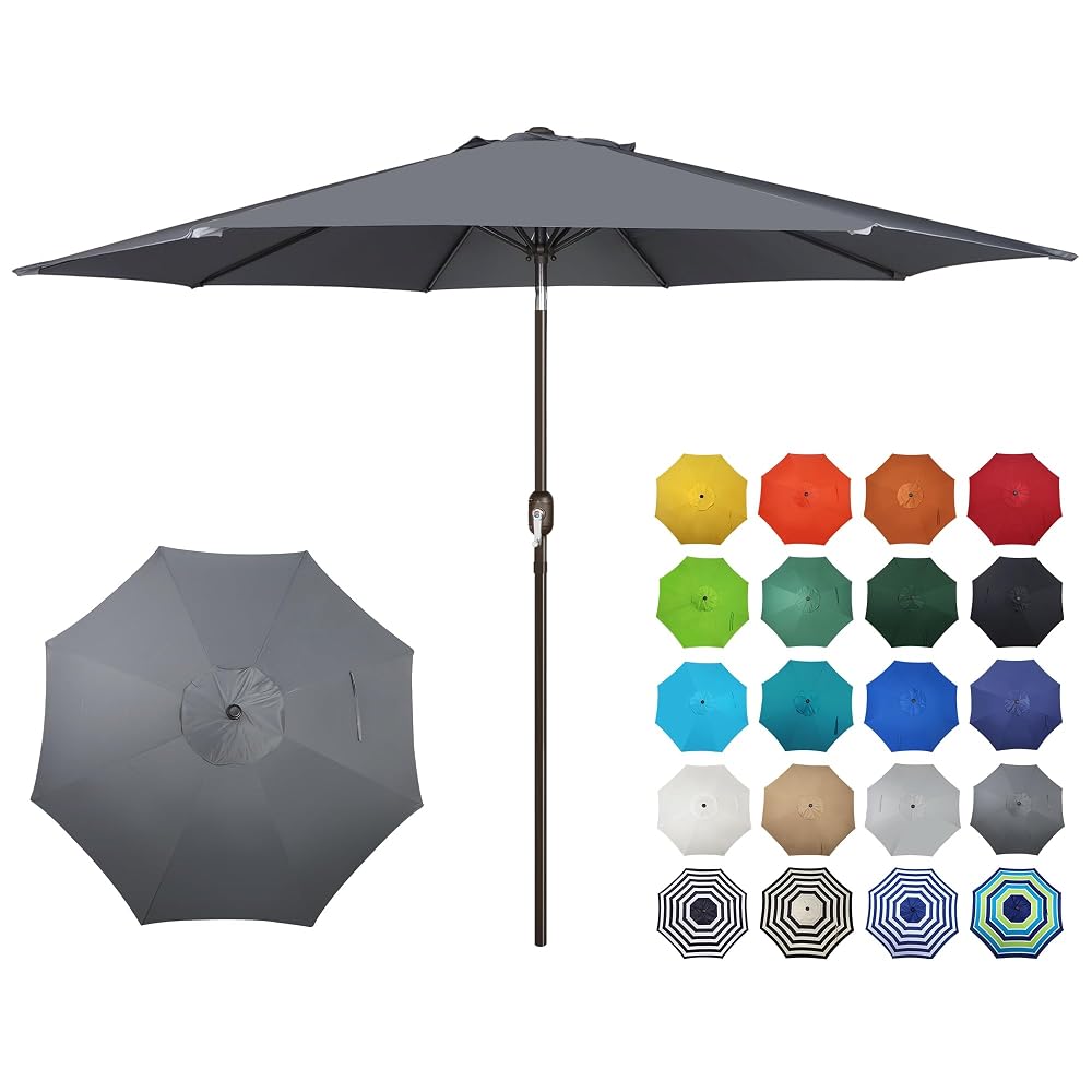 Blissun 10FT Patio Umbrella, Outdoor Table Umbrella, Yard Umbrella, Market Umbrella with 8 Sturdy Ribs, Push Button Tilt and Crank, Dark Grey