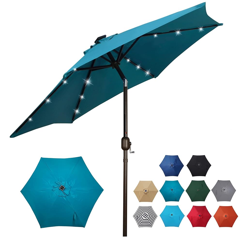 Blissun 7.5 ft Solar Umbrella, 18 LED Lighted Patio Umbrella, Table Market Umbrella, Cerulean