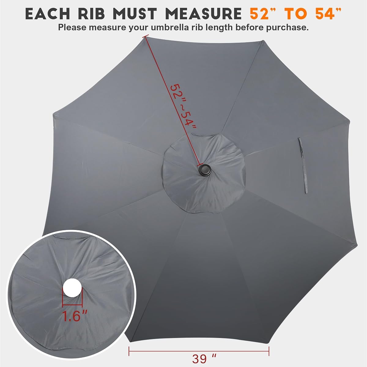 Blissun 9ft Patio Umbrella Replacement Canopy, Market Umbrella Top, Outdoor Table Umbrella Canopy for 8 Ribs, Canopy Only (Dark Grey) - detail image 1