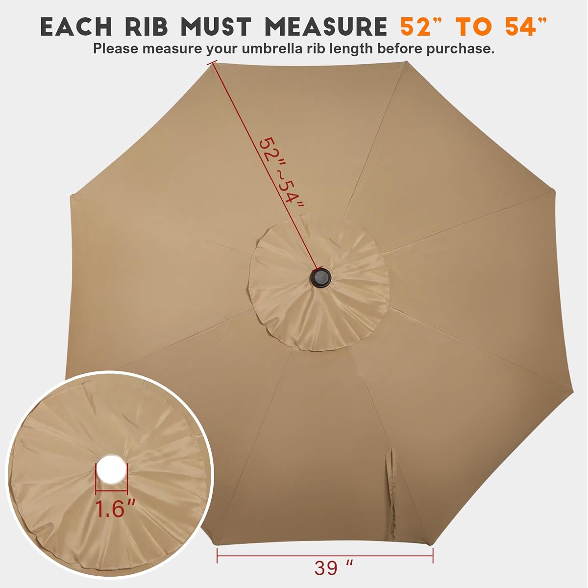 Blissun 9ft Patio Umbrella Replacement Canopy, Market Umbrella Top, Outdoor Table Umbrella Canopy for 8 Ribs, Canopy Only (Tan) - detail image 4