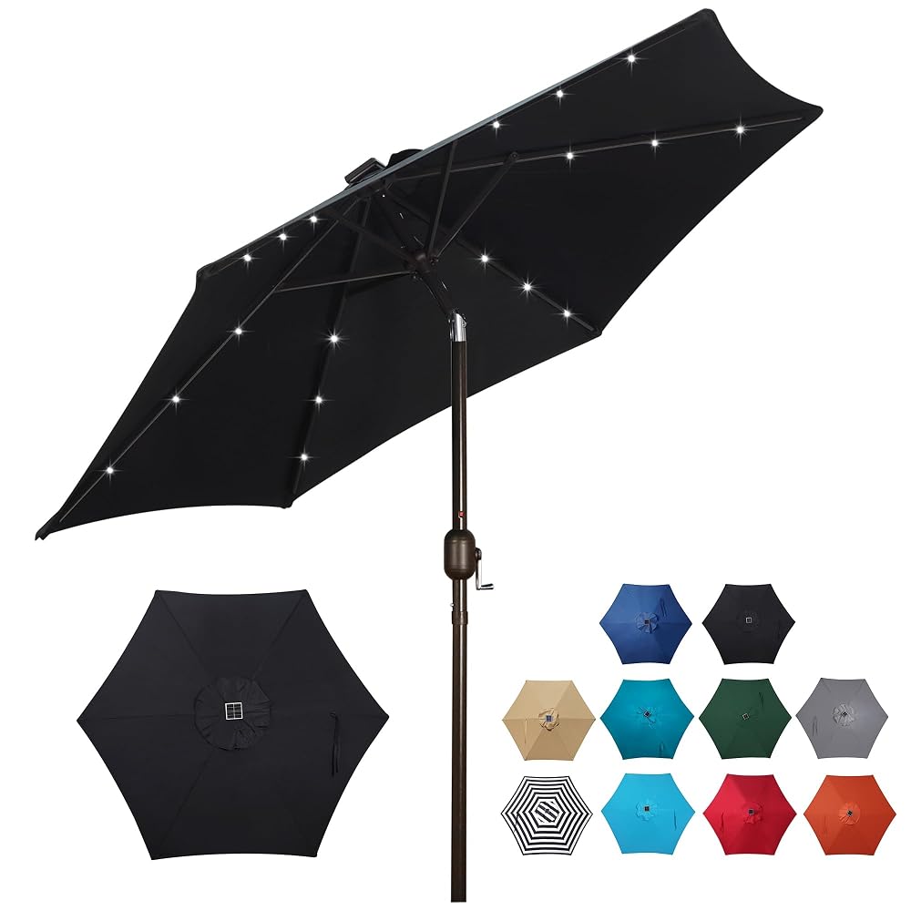 Blissun 7.5 ft Solar Umbrella 18 LED Lighted Patio Umbrella Table Market Umbrella, Black