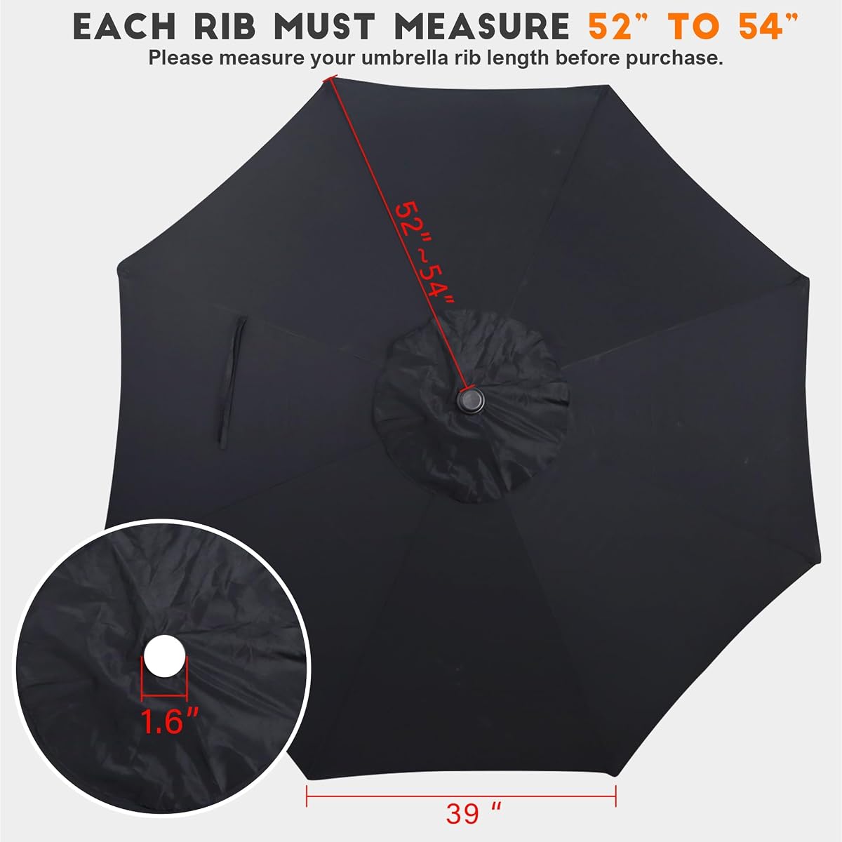 Blissun 9ft Patio Umbrella Replacement Canopy, Market Umbrella Top, Outdoor Table Umbrella Canopy for 8 Ribs, Canopy Only (Black) - detail image 1
