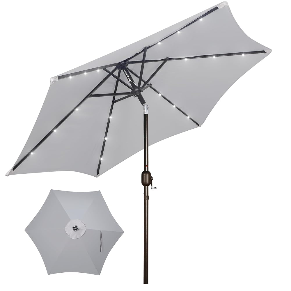 Blissun 7.5 ft Solar Umbrella, 18 LED Lighted Patio Umbrella, Table Market Umbrella, Light Grey