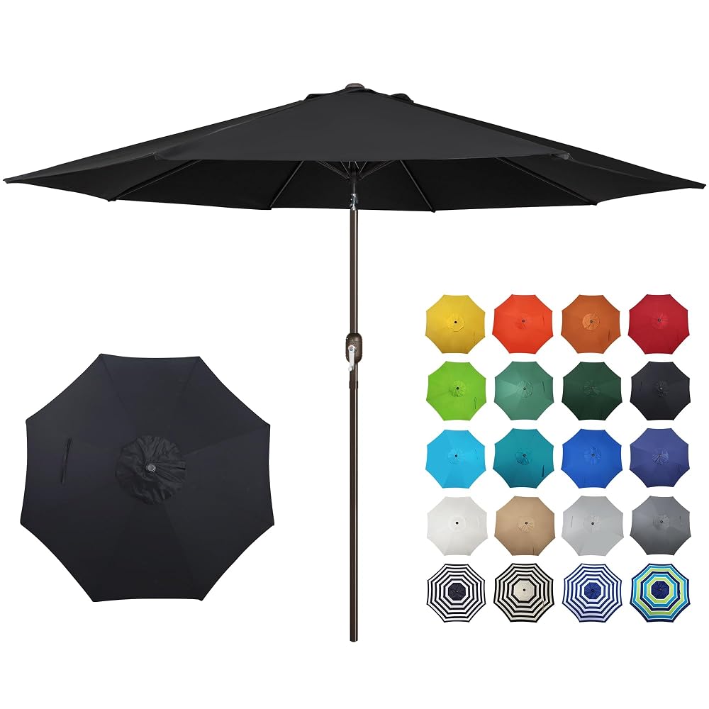 Blissun 10FT Patio Umbrella, Outdoor Table Umbrella, Yard Umbrella, Market Umbrella with 8 Sturdy Ribs, Push Button Tilt and Crank, Black