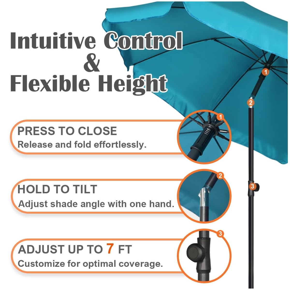 Blissun 6.5ft Patio Umbrella with Push Button Tilt & Height Adjustable, UV50+ Sun Protection with Sturdy Fiberglass Ribs & Iron Pole, Market Umbrella for Outdoor Table Garden Backyard Beach, Cerulean - detail image 1