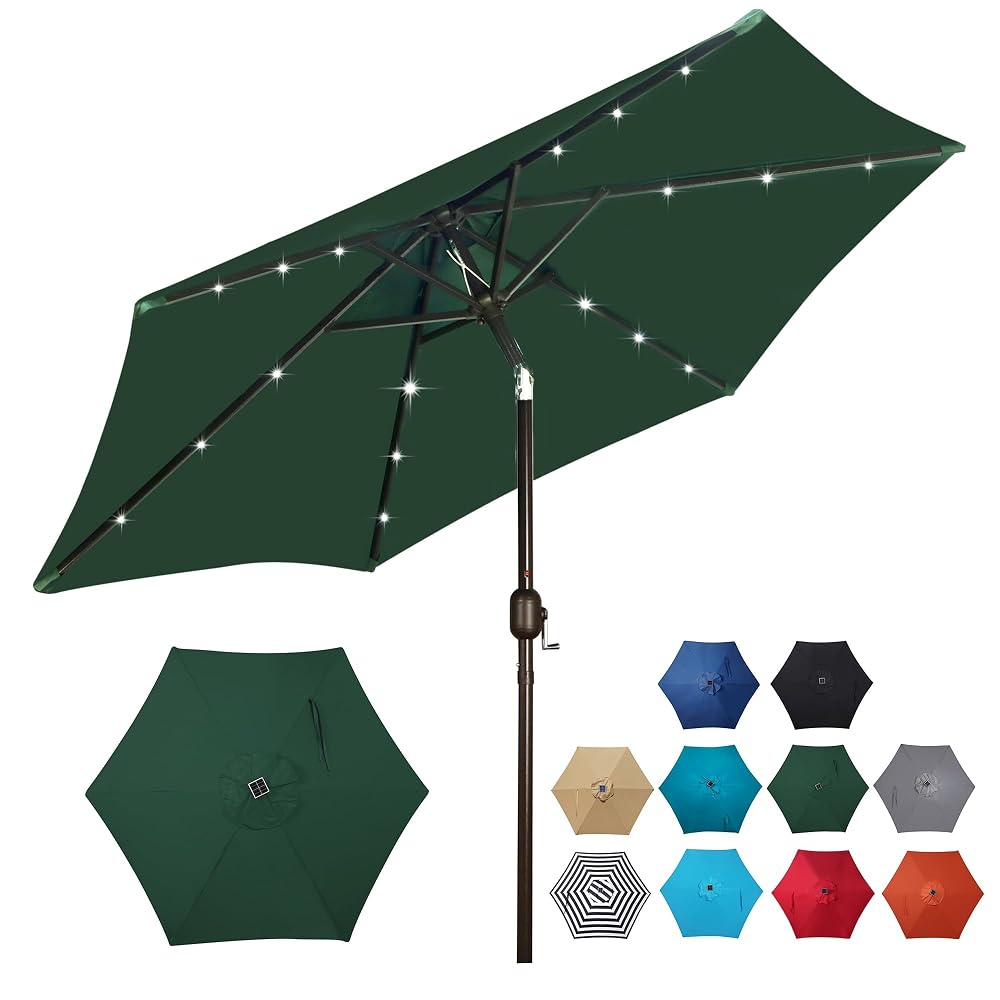 Blissun 7.5 ft Solar Umbrella 18 LED Lighted Patio Umbrella Table Market Umbrella, Dark Green