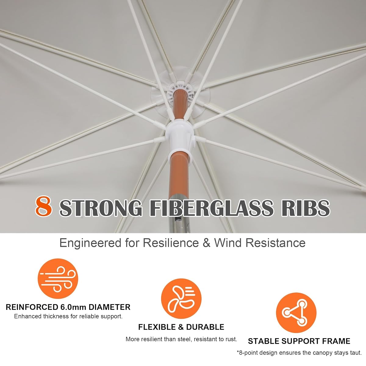 Blissun 6.5FT Outdoor Patio Umbrella with Fringe, UPF 50+ Sun Protection, Push Button Tilt & Height Adjustable, Sturdy Fiberglass Ribs & Brown Powder Coated Iron Pole, Includes Carry Bag, for Garden Backyard Beach Picnic, Light Beige - detail image 2