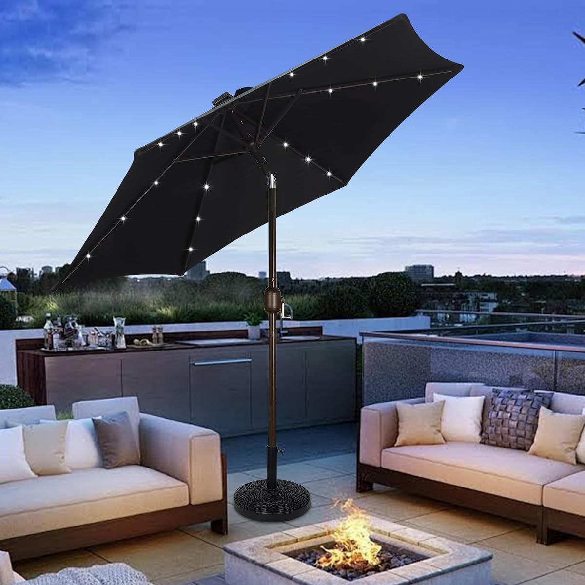 Blissun 7.5 ft Solar Umbrella 18 LED Lighted Patio Umbrella Table Market Umbrella, Black - detail image 6