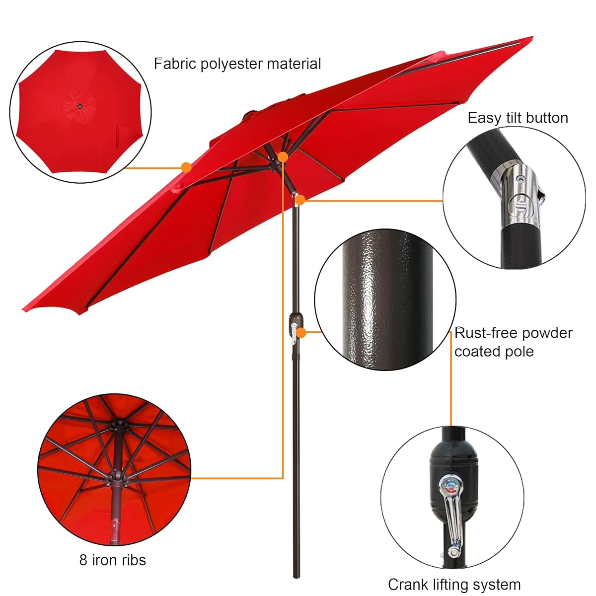 Blissun 9FT Patio Umbrella, Outdoor Table Umbrella, Yard Umbrella, Market Umbrella with 8 Sturdy Ribs, Push Button Tilt and Crank, Bright Red - detail image 1