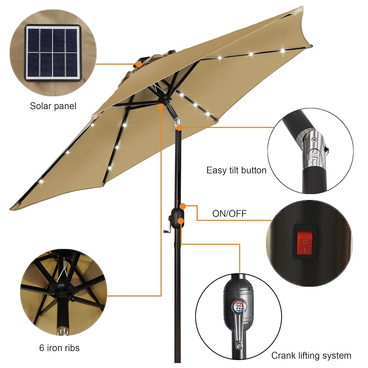 Blissun 7.5 ft Solar Umbrella, 18 LED Lighted Patio Umbrella, Table Market Umbrella, Tan - detail image 1