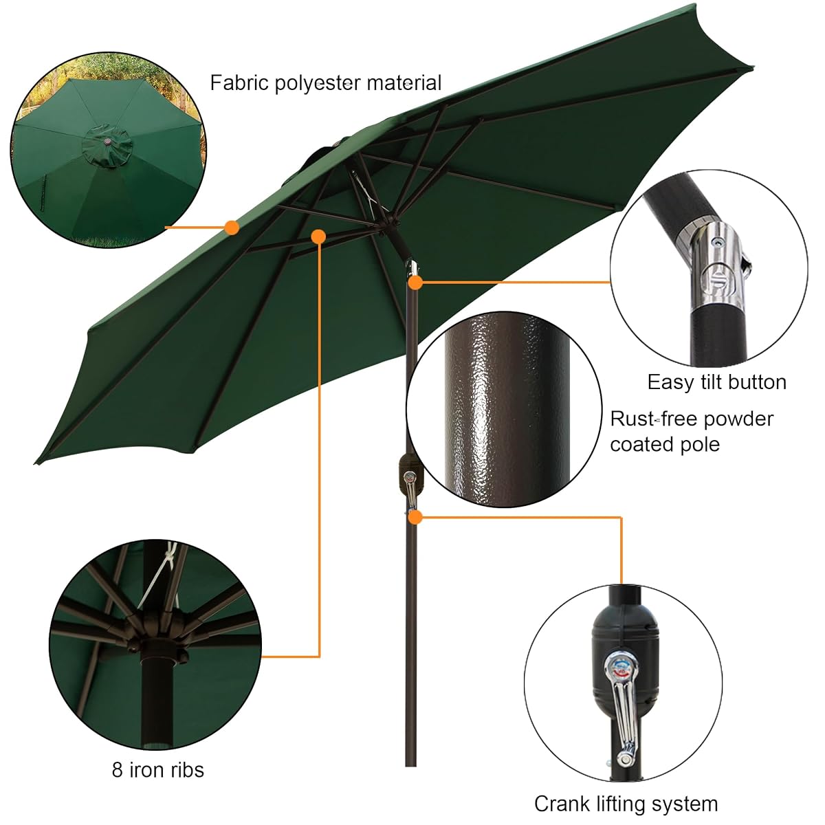 Blissun 9' Outdoor Patio Umbrella, Outdoor Table Umbrella, Yard Umbrella, Market Umbrella with 8 Sturdy Ribs, Push Button Tilt and Crank (Dark Green) - detail image 1